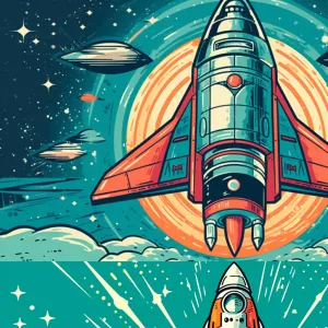 A retro-futuristic illustration of a rocketship, featuring sleek...