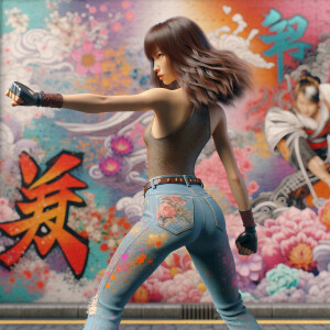 Athletic Thin skinny Attractive, Asian teenage girl, long brown hair and bangs, wearing tight skinny jeans and a halter top paint marks on her clothing, heroic pose Asian graffiti background, backside view