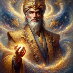 An opulent radiant sorcerer stands tall amidst swirling ethereal...