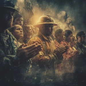 A dramatic and hopeful scene of Texas during a flood, heavy rain...