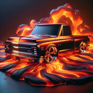 A futuristic C10 Chevrolet truck sleekly shaped from lava . The...