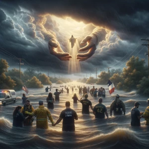 A photorealistic scene of Texas during a flood, heavy rain and s...