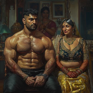 Digital art, a muscular sweaty man with a well-built physique se...