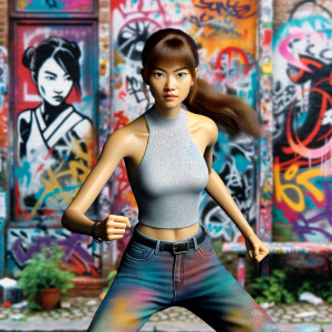 Athletic Thin skinny Attractive, Asian teenage girl, long brown hair and bangs, wearing tight skinny jeans and a halter top paint marks on her clothing, heroic pose Asian graffiti background