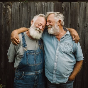 Two elderly men sharing a warm and affectionate embrace, conveyi...