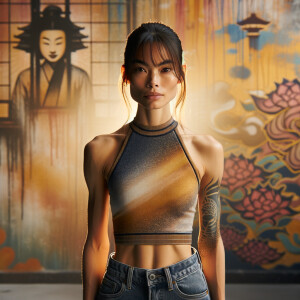 Athletic Thin skinny Attractive, Asian teenage girl, long brown hair and bangs, wearing tight skinny jeans and a halter top paint marks on her clothing, heroic pose Asian graffiti background,  backside view