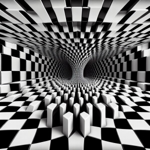 Create an image of a black and white chessboard distorted by an...