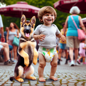 a cross between a young boy and a German shepard in his diaper a...