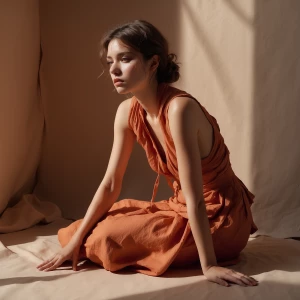 A model crouches low with forearms on thighs, face angled upward...