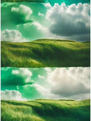a picture with white clouds and green grass