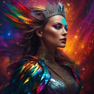 A luminously glowing robot queen, every inch gleaming with brill...