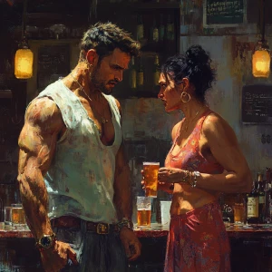 realism,fantasy.a muscular sweaty man standing and talking  with...