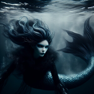 A mermaid with pale skin and cold eyes. Long dark hair. A big ta...