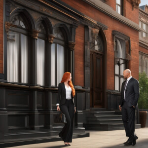 A photorealistic image. A long ginger haired female checking int...