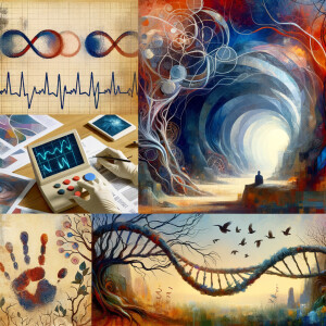 lie detector graphs, cardio, printout , branches infinity sign, cave, Art, handprints, distant birds flying, flowering vines, abstract gestural painting, dna cave drawings galaxies electrical cardiogram