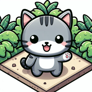 стикер. милый котенок серого цвета с темными полосами улыбается...