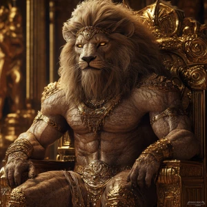 Create a photorealistic 3D image of a majestic man-lion hybrid, featuring an expansive mane and exceptionally well-defined, oversized muscles. Adorn this regal creature with intricate jewelry and gold embellishments, and depict it seated on a throne. Aim for 8K UHD resolution, extreme professional detail, and a composition that is both visually stunning and captivating.