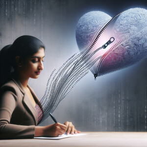 The cursive script coming from a woman’s pen floats up off of th...