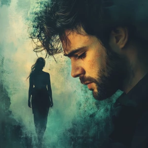 Generate an image depicting a forlorn man with an expression conveying deep sadness and disappointment. Behind him, illustrate a beautiful woman walking away, symbolizing the end of their romantic relationship.