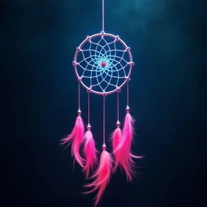a  metallic blue dream catcher with neon pink tassels at the bot...