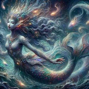 In the depths of a primordial ocean, a mythopoeic intricate merm...