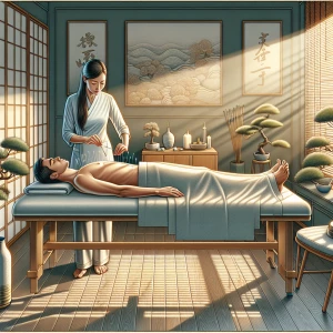 Create a detailed illustration depicting a serene acupuncture tr...