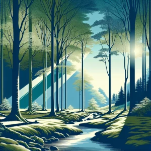 A peaceful forest scene with a clear blue sky in the background,...