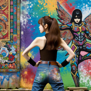 Attractive, Asian teenage girl, long brown hair and bangs, wearing tight skinny jeans and a halter top paint marks on her clothing, backside view heroic pose Asian graffiti