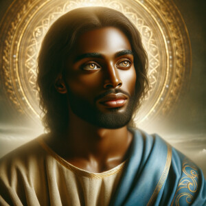 Create a beautiful African-American Jesus Christ with Hazel, brown eyes and blue and gold robe