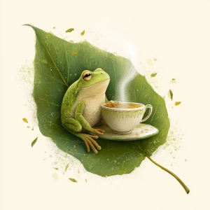 Happy frog sipping tea on a leaf, soft green tones, isolated on...
