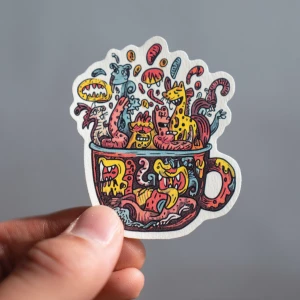 kiss cut sticker off a hand-drawn coffee cup overflowing with ch...
