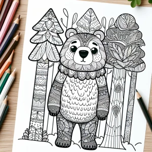 Create a coloring page design with thick lines, featuring a bear...