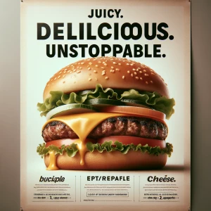 A clean layout featuring a juicy burger on a toasted bun, with the text ‘Juicy. Delicious. Unstoppable.’ written across the top in a modern sans-serif font