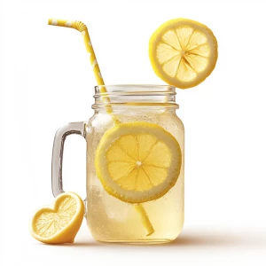 Create an image of a transparent mason jar filled with lemonade,...