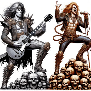 Rock star with long blonde hair dressed in leather and spikes playing a Les Paul guitar with skulls on it screaming into a microphone made of skulls standing on a pile of skulls