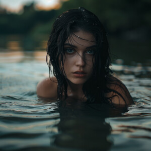 Capture the elegance of a fair-skinned woman with dark long wet...