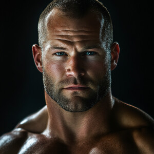 Create a dramatic muscular body portrait image of a 37 year old...