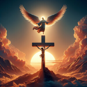 Create an image for a CD cover
 of the cross of the crucifixion on Calavry as an angel ascends to Heaven in the background