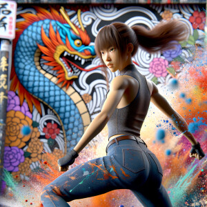 Athletic Thin skinny Attractive, Asian teenage girl, long brown hair and bangs, wearing tight skinny jeans and a halter top paint marks on her clothing, heroic pose Asian graffiti background, backside view