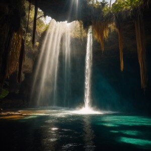 Beautiful waterfall in a cenote, light rays, god rays, deep shad...