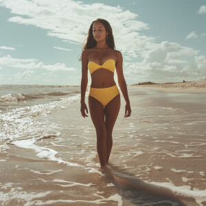 Photo of fair skinned hourglass figure woman with dark straight...