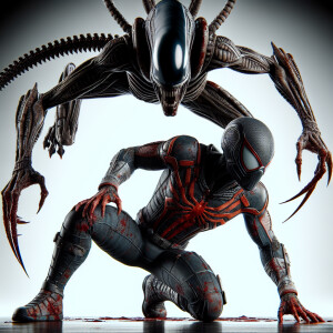 Spiderman in a tattered and blood-stained suit, is poised on his...