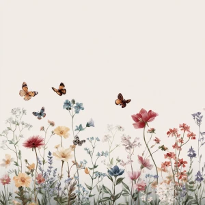 Wildflower field, butterflies flying, in vintage watercolor styl...