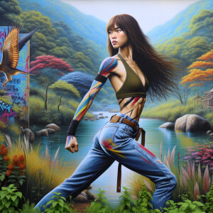 Athletic Thin skinny Attractive, Asian teenage girl, long brown hair and bangs, wearing tight skinny jeans and a halter top paint marks on her clothing, heroic pose Asian graffiti background, side view