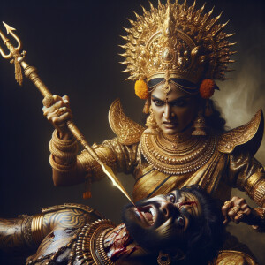 portrait of angry looking goddess durga pinning a weak mahishasur to the ground and stabbing him with her amazingly designed trident. She is wearing gold armor, a huge gold crown, gold saree, abundant  gold jewelry, covered in blood. The scene is set in ancient India. The image is 8K resolution, photography, cinematic, ultra detailed face and epic