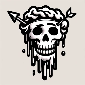 Create a vector-style minimalist cartoon of a melting skull in b...