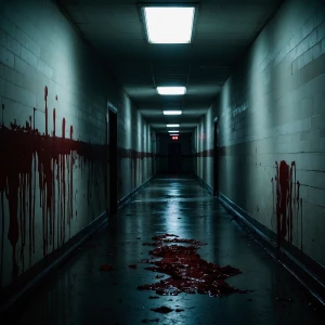 “Desolate asylum hallway, walls pulsing like flesh, a headless n...