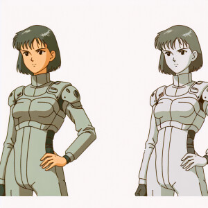 1990s anime screencap, girl a plugsuit, standing with hands on h...