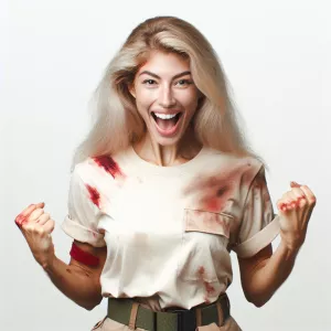 Hey sexy blonde woman who has a bit of blood on her as she has j...