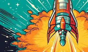A retro-futuristic illustration of a rocketship, featuring sleek...